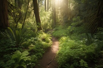 hiking trail leading through lush forest, with sunlight filtering through the trees, created with generative ai