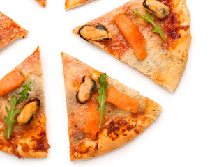 Slices of tasty seafood pizza isolated on white background, closeup