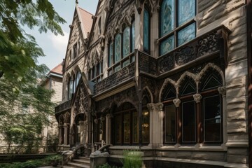 neogothic exterior with intricate woodwork and stained glass windows, created with generative ai