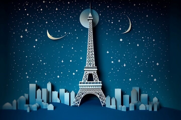 Eiffel tower in detailed with star in the night sky, moon,  paper cut style. Generative Ai