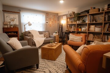 cozy living room with cozy decor, books, and games for homeschooling families, created with generative ai