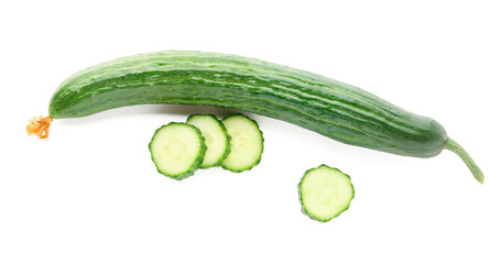 Fresh cucumber and cut slices isolated on white background