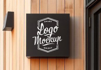 Store Logo Sign Mockup On Wooden Wall. Generative Ai