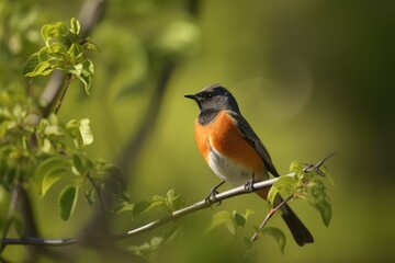 male redstart on sun-dappled perch, surrounded by greenery, created with generative ai