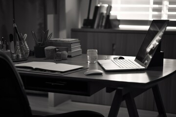 black and white photo of sleek minimalist desk, with laptop and pencil cup in the foreground, created with generative ai