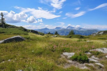 Fototapeta na wymiar alpine meadow, with view of distant peaks and blue sky, created with generative ai