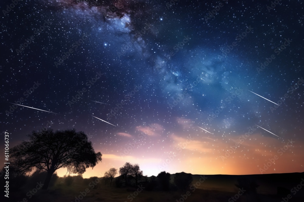 Sticker a celestial scene with a meteor shower, stars and planets visible in the sky, created with generativ