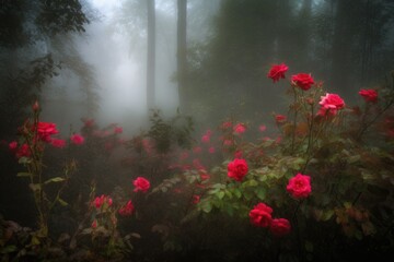 Obraz na płótnie Canvas burst of red roses in the misty forest setting, created with generative ai