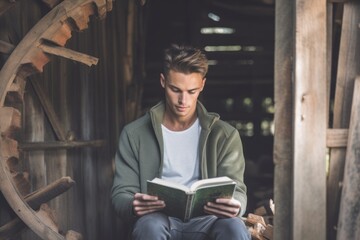 Medium shot portrait photography of a glad boy in his 30s reading a book against a rustic barn background. With generative AI technology
