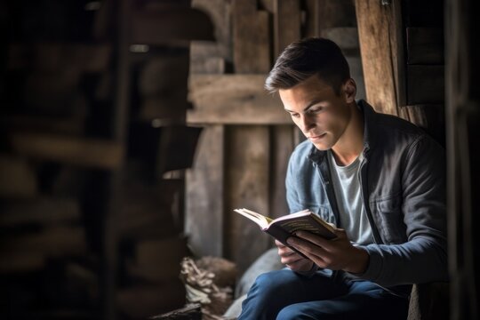 Medium shot portrait photography of a glad boy in his 30s reading a book against a rustic barn background. With generative AI technology