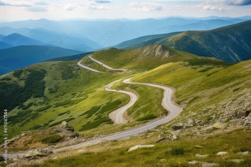 Canvas Prints road to the mountains, with winding and twisting path that leads to the top, created with generative ai