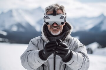 Medium shot portrait photography of a glad mature man playing with virtual reality mask against a snowy landscape background. With generative AI technology