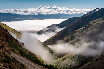 majestic mountain range, with clouds rolling across the peaks, seen from a winding road, created with generative ai