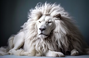 albino lion sitting looking camera, isolate background, generative ai