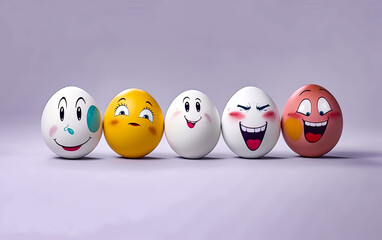 five eggs with smilling faces in the style of emotional status, generative ai