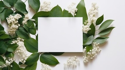 Blank white wedding invitation with green flowers in the background - created using generative AI tools