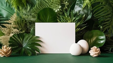 Blank white wedding invitation with green flowers in the background - created using generative AI tools
