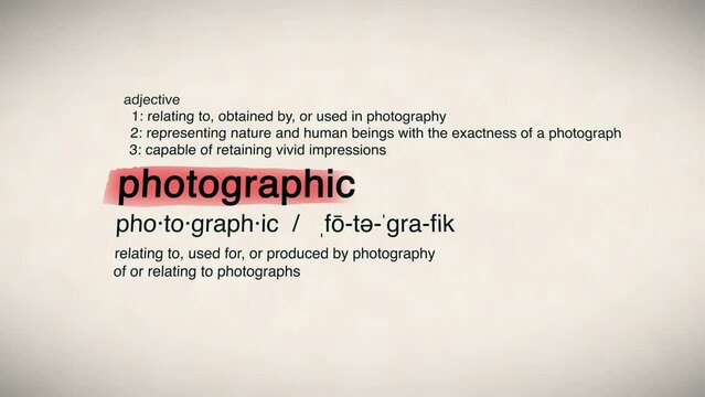 The Word Photographic Red Highlighted in a Dictionary Animation