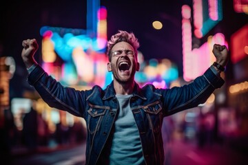 Medium shot portrait photography of a glad boy in his 30s celebrating winning against a neon sign background. With generative AI technology
