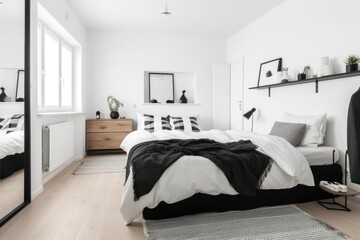 decluttered bedroom, with clean and minimalist design, featuring white walls and black accents, created with generative ai
