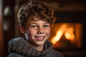 Close-up portrait photography of a grinning boy in his 30s with crossed arms against a cozy fireplace background. With generative AI technology