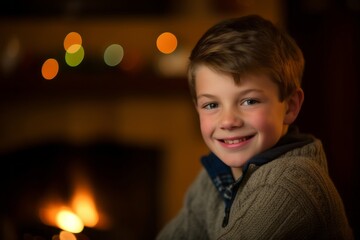 Close-up portrait photography of a grinning boy in his 30s with crossed arms against a cozy fireplace background. With generative AI technology