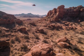 Naklejka premium shot of a drone flying above red rock formations, created with generative ai