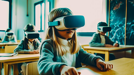 Fototapeta na wymiar three dimensional vr glasses in classroom, children play and learn with these glasses, generative ai