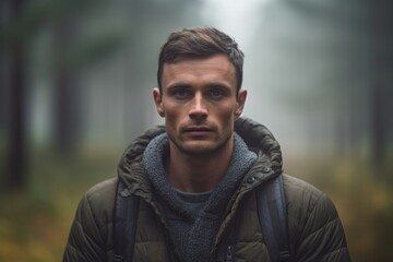 Fototapeta premium Close-up portrait photography of a glad boy in his 30s with crossed arms against a foggy forest background. With generative AI technology