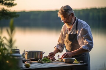 Photography in the style of pensive portraiture of a glad mature man cooking against a tranquil lake background. With generative AI technology