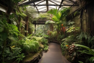 tropical greenhouse, with lush plants and vines, created with generative ai
