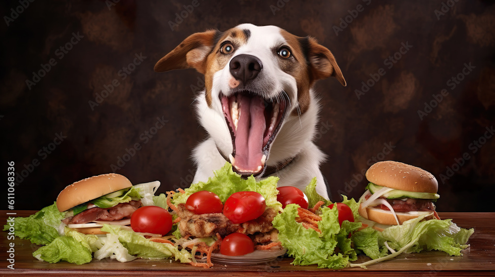 Wall mural Happy funny dog with hamburgers. Generative AI.