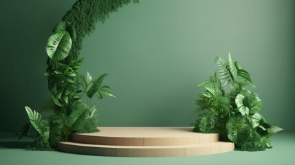 podium with leaves and flowers, summer background, product stand, podiums for products, product stage background