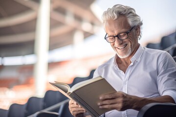 Medium shot portrait photography of a glad mature boy reading a book against a sports stadium background. With generative AI technology