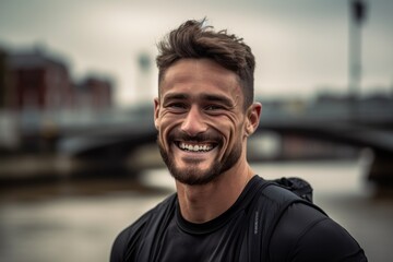 Fototapeta premium Headshot portrait photography of a grinning boy in his 30s working out against a riverfront background. With generative AI technology
