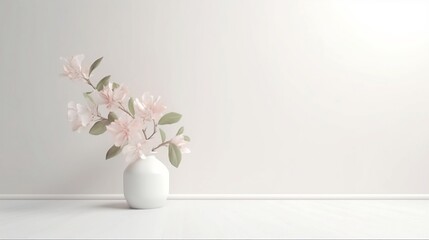 Modern minimalist room interior with white walls and floor, pale pink flowers with green leaves in a vase. Stylish space with designer accessories. Copy space for writing. Created with AI.