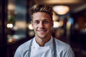 Obraz premium Close-up portrait photography of a glad boy in his 30s cooking against a swanky hotel lobby background. With generative AI technology