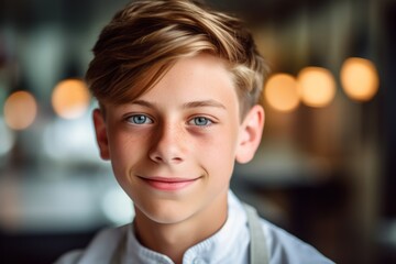 Fototapeta premium Close-up portrait photography of a glad boy in his 30s cooking against a swanky hotel lobby background. With generative AI technology