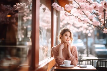 Lifestyle portrait photography of a glad girl in her 30s having breakfast against a cherry blossom background. With generative AI technology