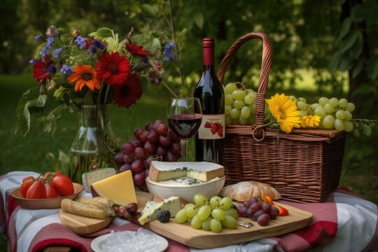 gourmet picnic for two, with basket of fresh fruits and cheeses, wine glasses, and vase of flowers, created with generative ai