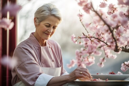 Photography in the style of pensive portraiture of a joyful mature woman cooking against a cherry blossom background. With generative AI technology