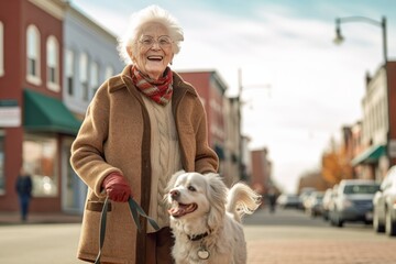 Medium shot portrait photography of a joyful old woman walking with a dog against a small town main street background. With generative AI technology - obrazy, fototapety, plakaty