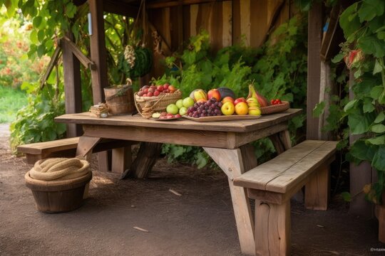 picnic table with a rustic, hand-carved bench and basket of fresh fruit, created with generative ai