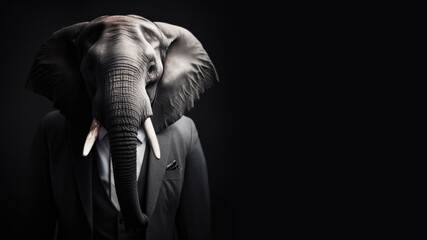Elephant wearing a suit, black background, Generative AI