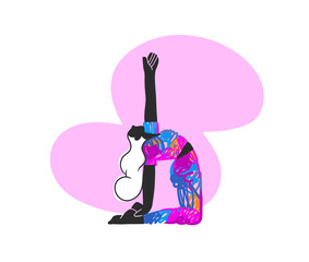 Abstract modern woman in yoga posture and meditating vector illustration.Cartoon woman training design concept.Hand drawn graphic yoga asana character drawing isolated.Yoga woman balance exercise.