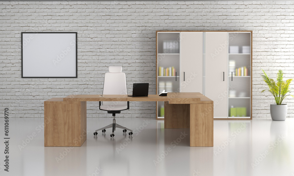 Wall mural Modern office interior. White poster on wall. Mock up. CEO desk. City view, panoramic window , Interior of CEO office with white walls, bookcase with folders .view . 3d rendering. corner view
