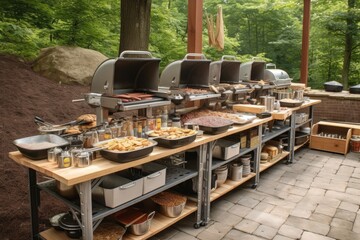 Fototapeta premium grilling station with multiple grills, utensils, and sauces for large group of hungry friends, created with generative ai