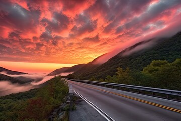 scenic highway with view of sunrise over mountains, clouds streaking the sky, created with generative ai