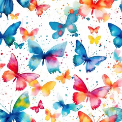 Schilderijen op glas Butterfly watercolor seamless repeat pattern on white [Generative AI]  © Roman