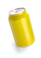 Yellow can of soda on white background